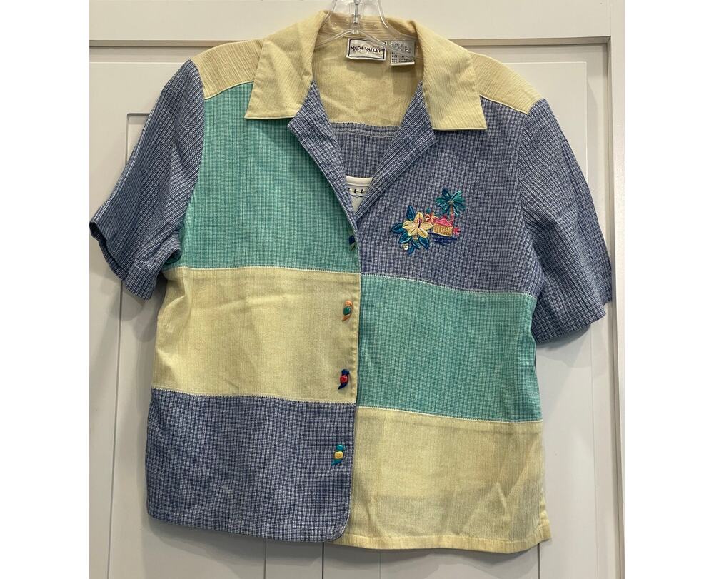 Napa Valley Vintage patchwork , parrot buttons and embroidery 90's top Med